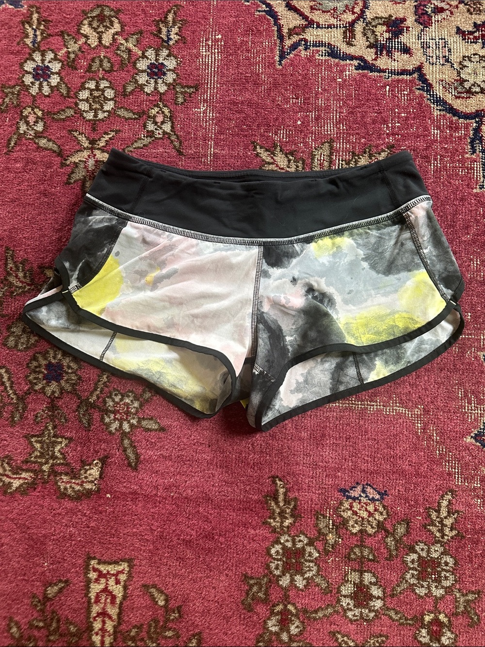 Lululemon Black Waistband Abstract Gray, Pink and Yellow Athletic Shorts